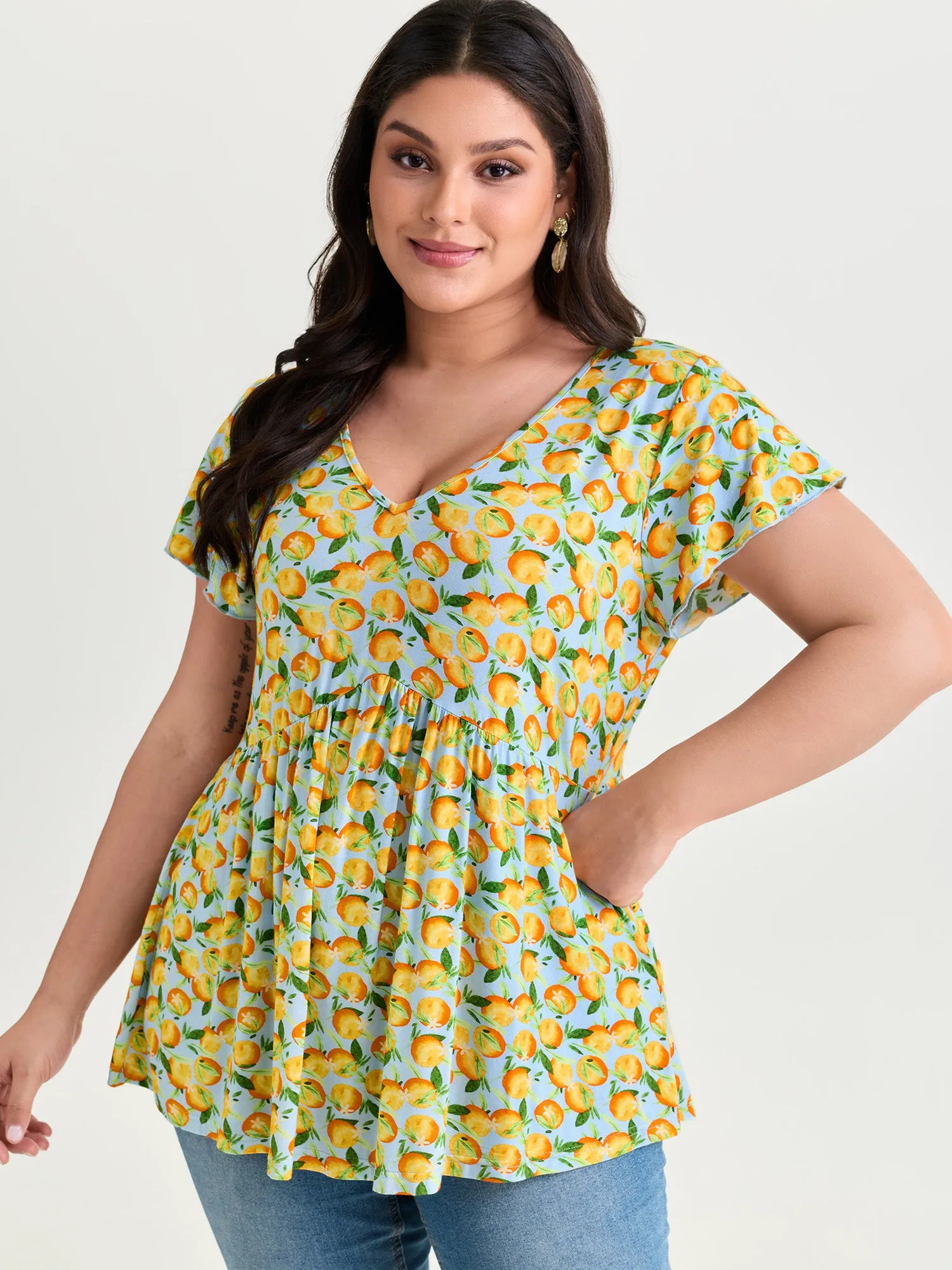 Cotton Stretchy Floral Print V-Neckline Knit Top sold by Bloomchic