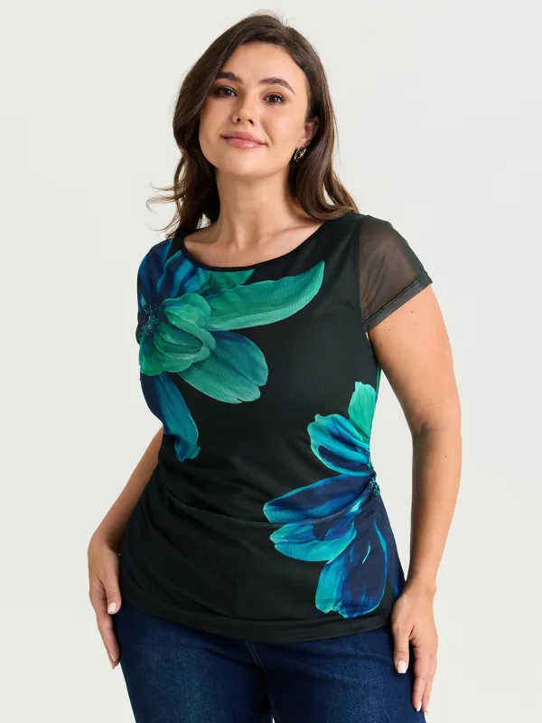 Floral Print Boat Neckline Fitted T-Shirt made by Bloomchic