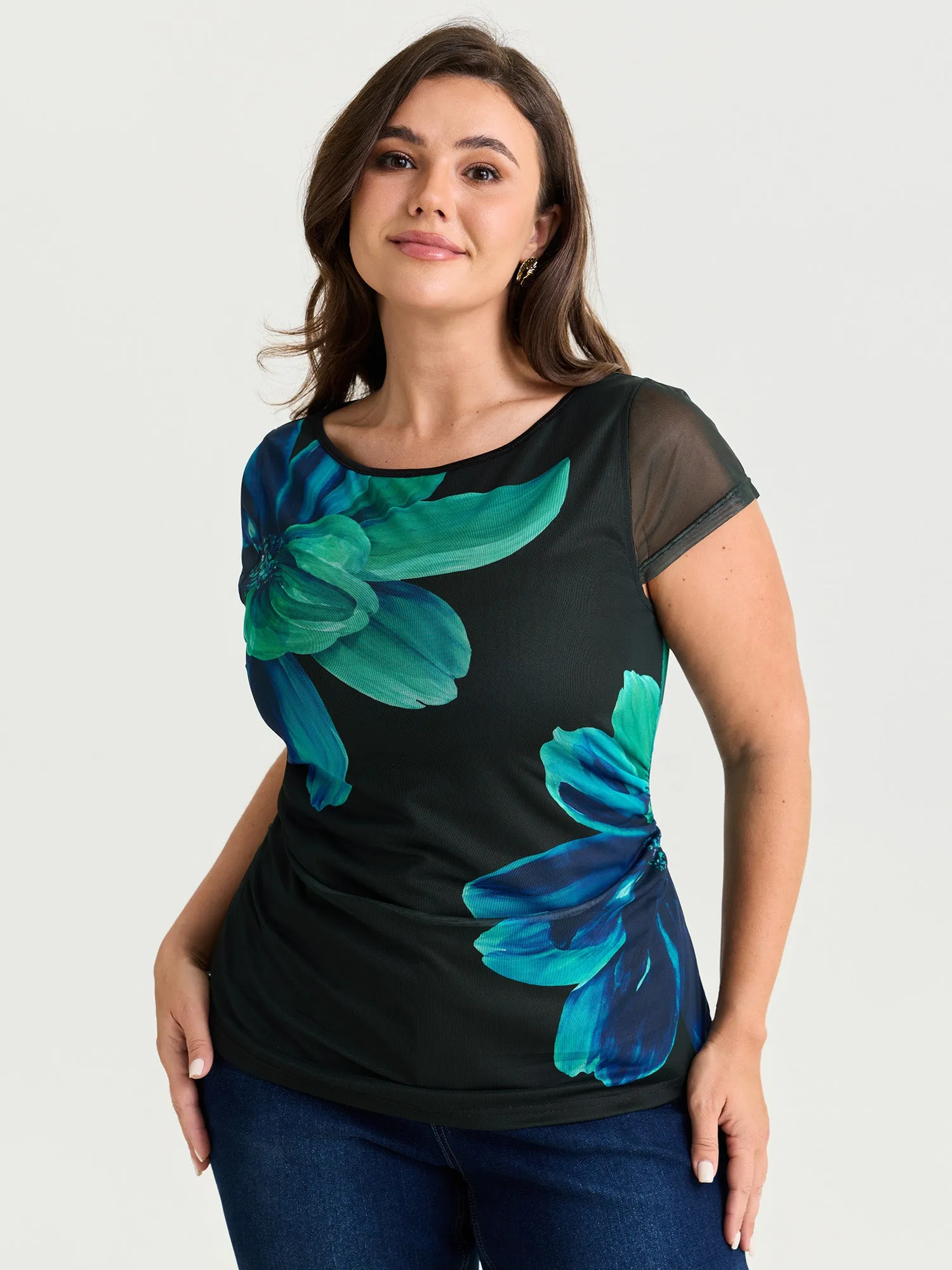 Floral Print Boat Neckline Fitted T-Shirt sold by Bloomchic