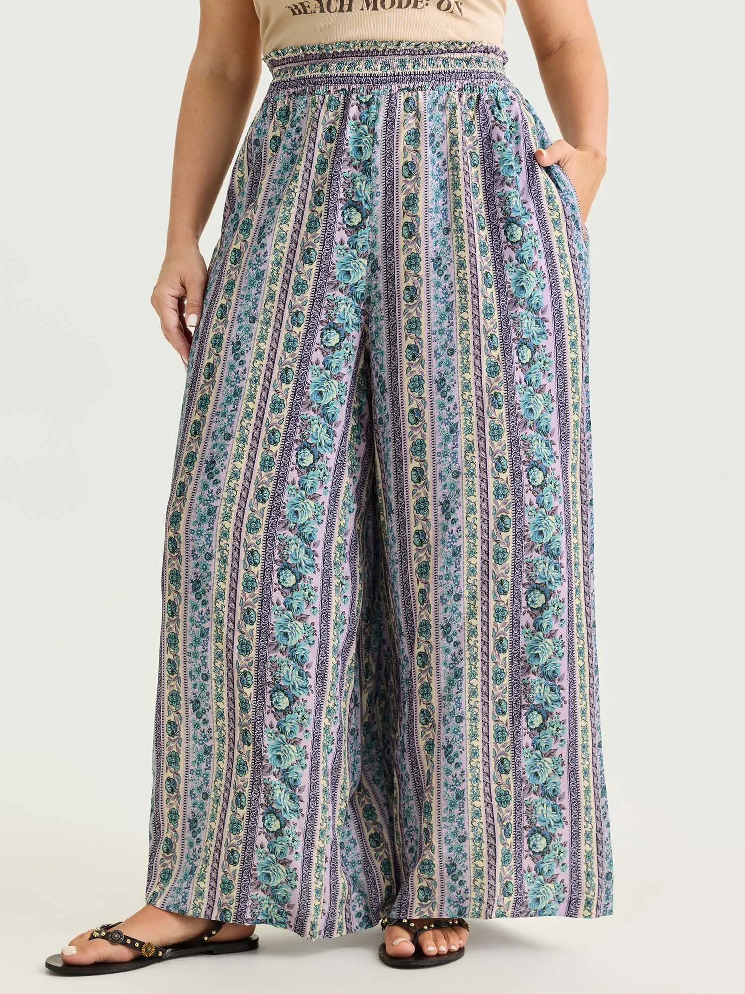 Striped Print Shirred Waist Wide-Leg Pants sold by Bloomchic
