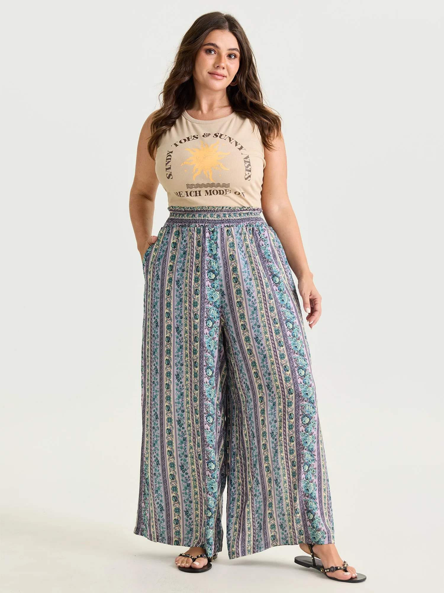 Striped Print Shirred Waist Wide-Leg Pants sold by Bloomchic product image thumbnail 2