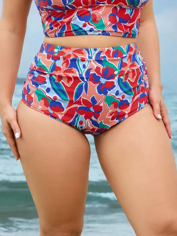 Vibrant Floral Print Ruched Swim Bottoms made by Bloomchic
