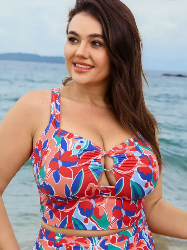 Vibrant Floral Print Keyhole Swim Top made by Bloomchic