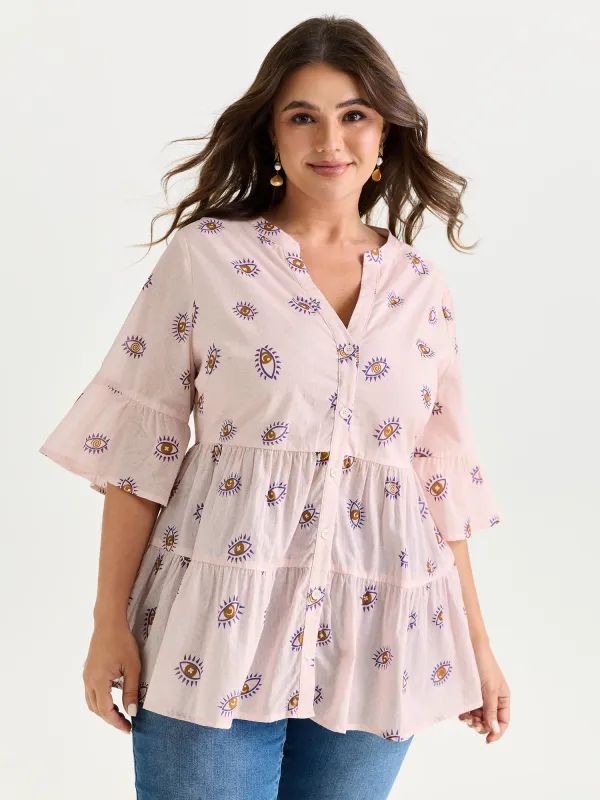 Cotton Eye Print Tiered Open-Front Shirt made by Bloomchic