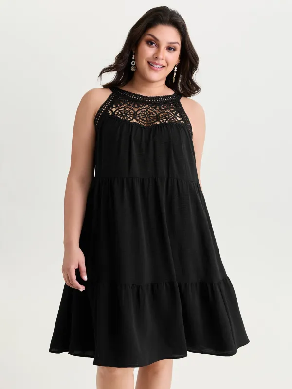 Sheer Lace Halter Neckline Tiered Mini Dress made by Bloomchic