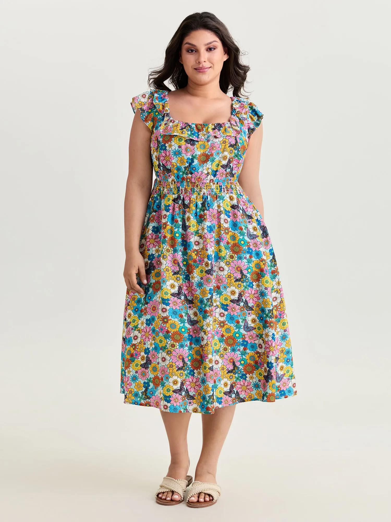 Playful Floral Print Ruffled Straps Midi Dress sold by Bloomchic