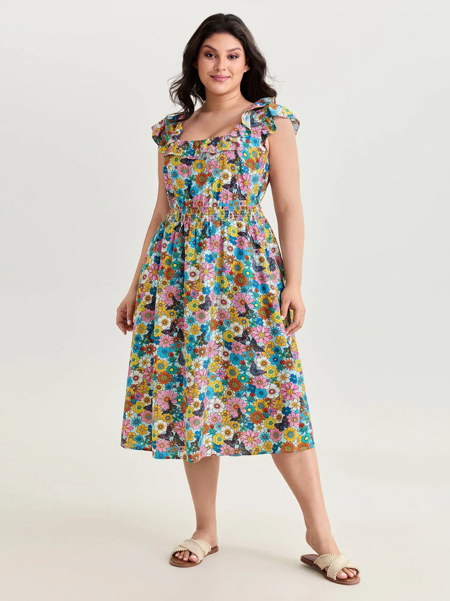 Playful Floral Print Ruffled Straps Midi Dress sold by Bloomchic product image thumbnail 3