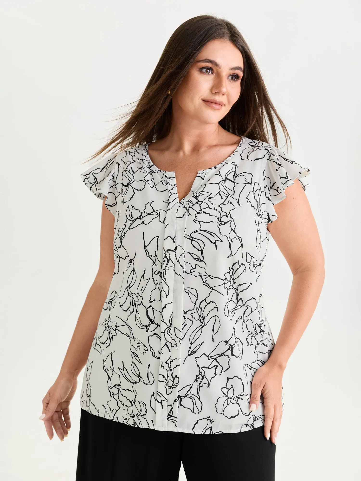 Floral Abstract Print Ruffled Sleeve Blouse sold by Bloomchic
