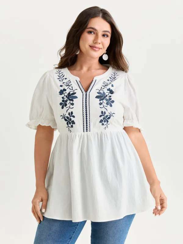 Cotton Floral Embroidered Notched Collar Blouse made by Bloomchic