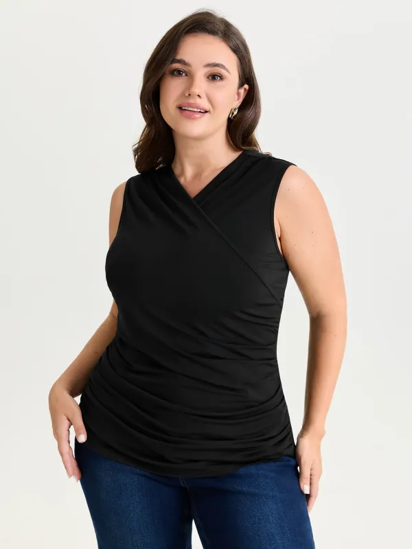 Stretchy Overlap Neckline Solid Tank Top made by Bloomchic