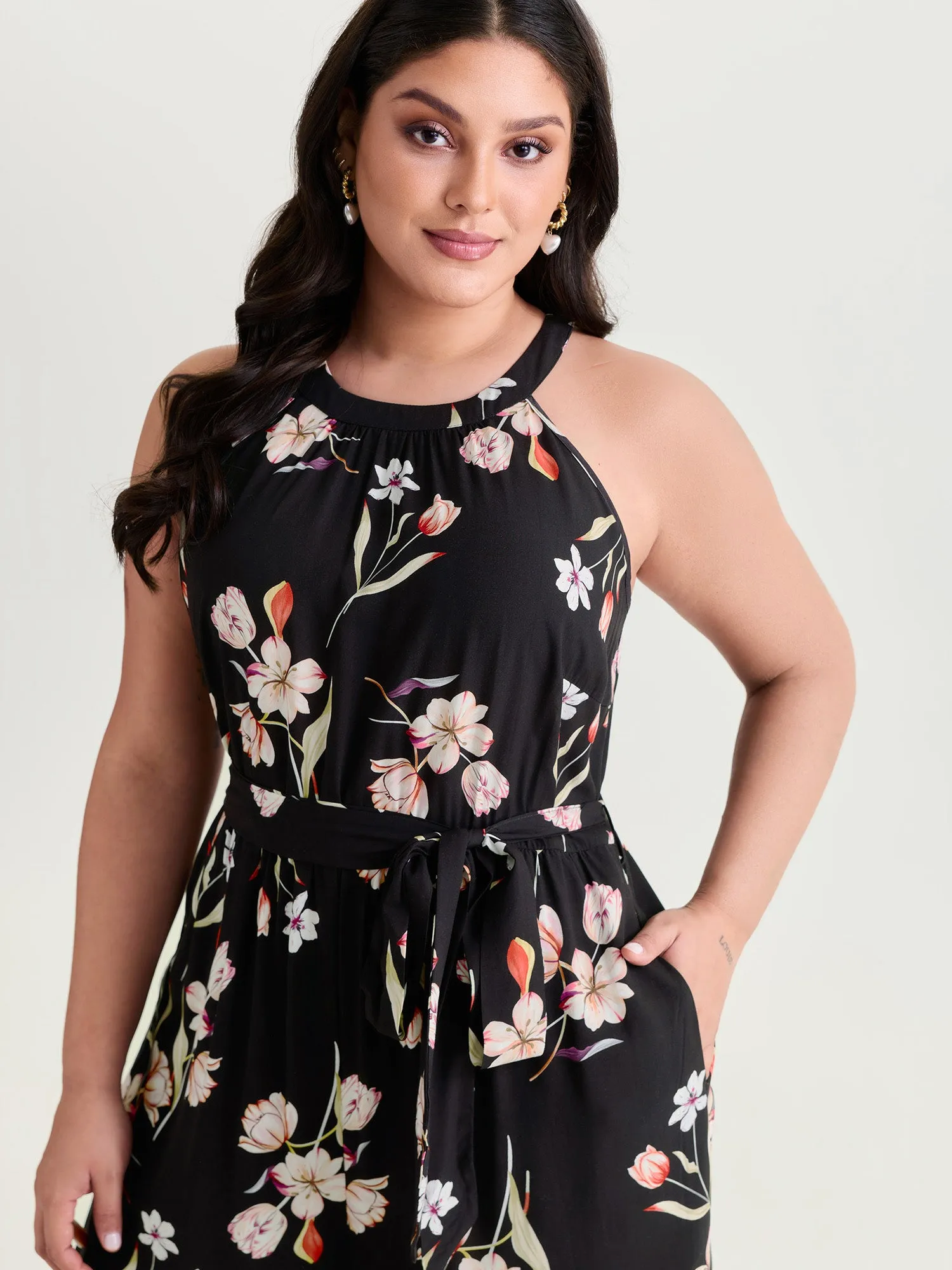 Large Floral Print Halter Neckline Jumpsuit sold by Bloomchic product image thumbnail 2