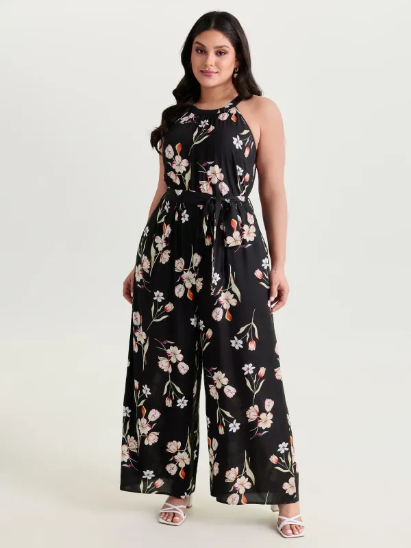 Large Floral Print Halter Neckline Jumpsuit made by Bloomchic
