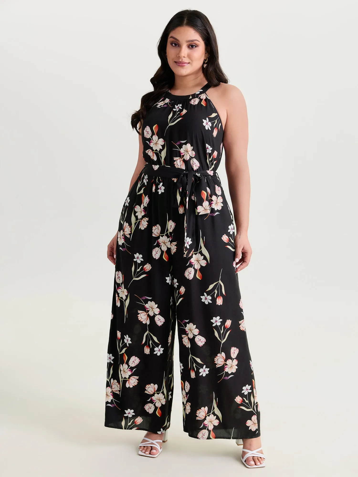 Large Floral Print Halter Neckline Jumpsuit sold by Bloomchic