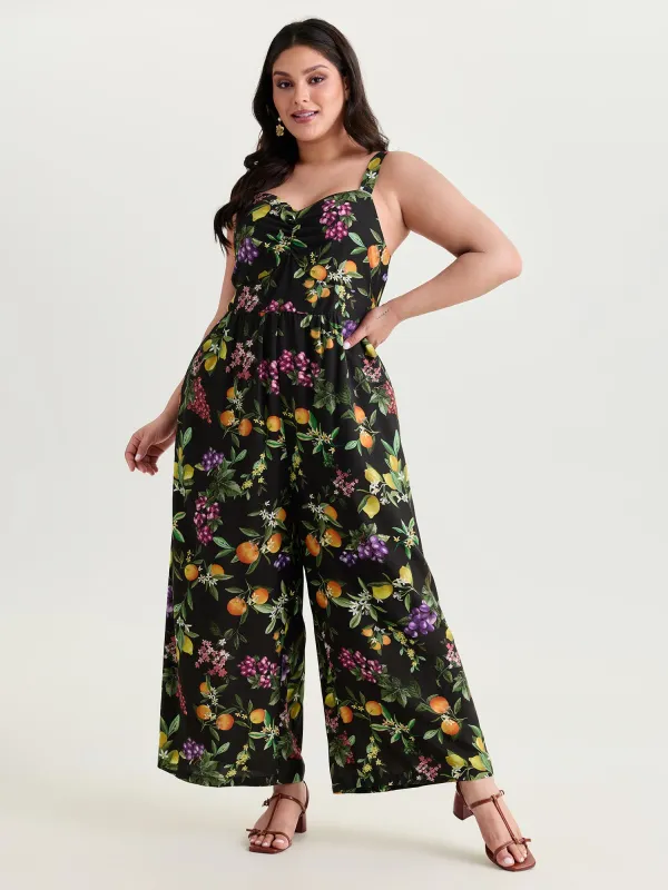 Floral Print Wide Straps Ruched Jumpsuit made by Bloomchic
