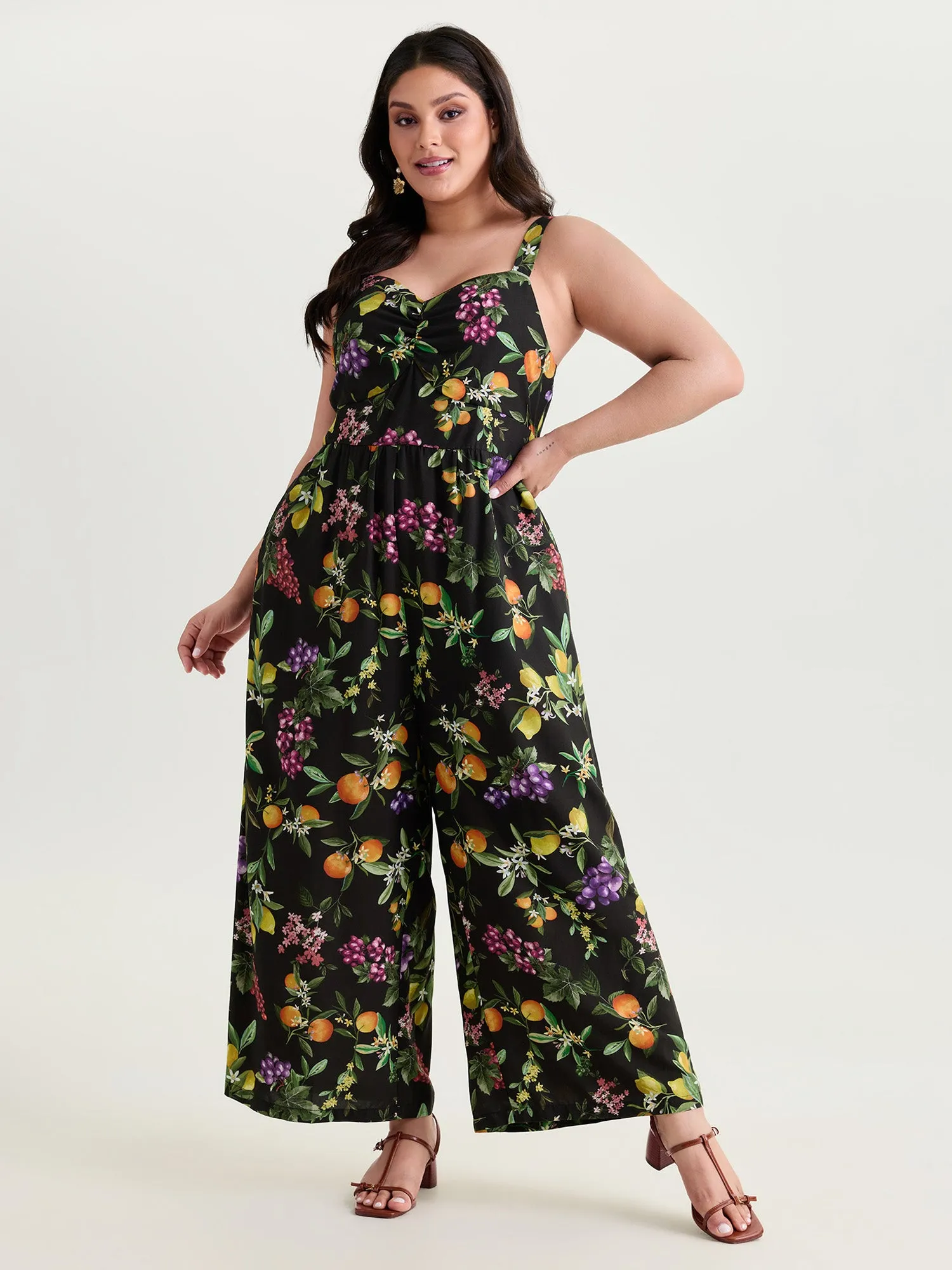 Floral Print Wide Straps Ruched Jumpsuit sold by Bloomchic