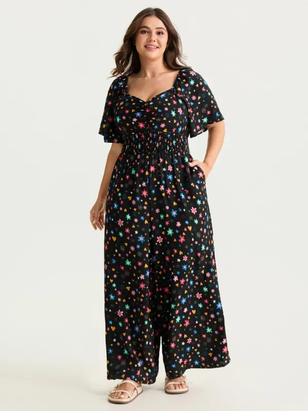 Colorful Floral Heart Print Cinched-Waist Jumpsuit made by Bloomchic