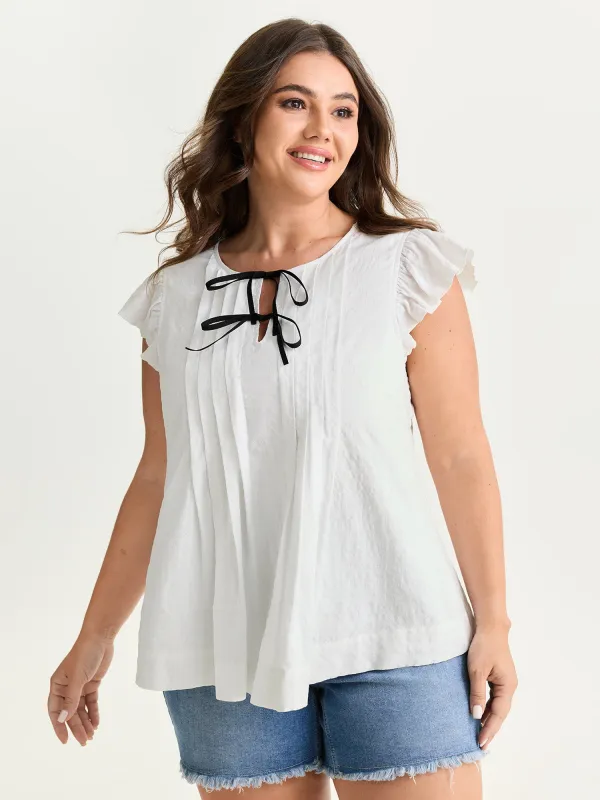 Cotton Flutter Sleeve Pleated Contrast Bows Blouse made by Bloomchic