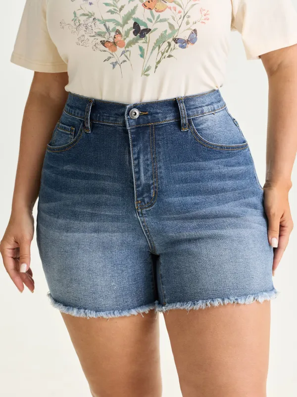 Stretchy Waist Raw Hem Straight-Leg Denim Shorts made by Bloomchic