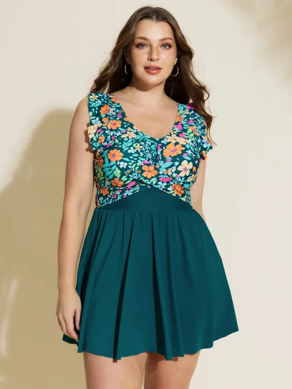 Floral Print Color Contrast Pockets Swim Dress made by Bloomchic