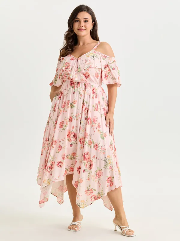 Floral Print Ruffled Cold-Shoulder Midi Dress made by Bloomchic