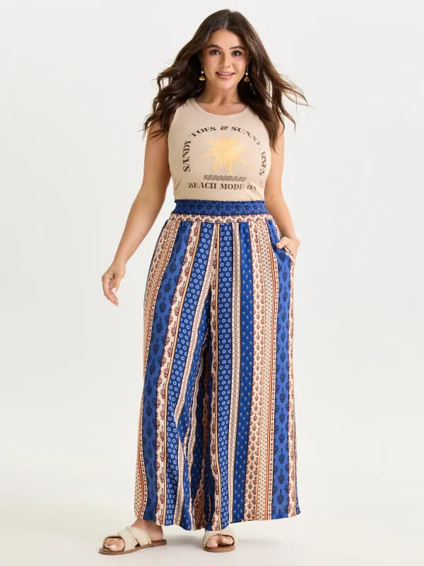 Color Contrast Striped Print Shirred Pants made by Bloomchic
