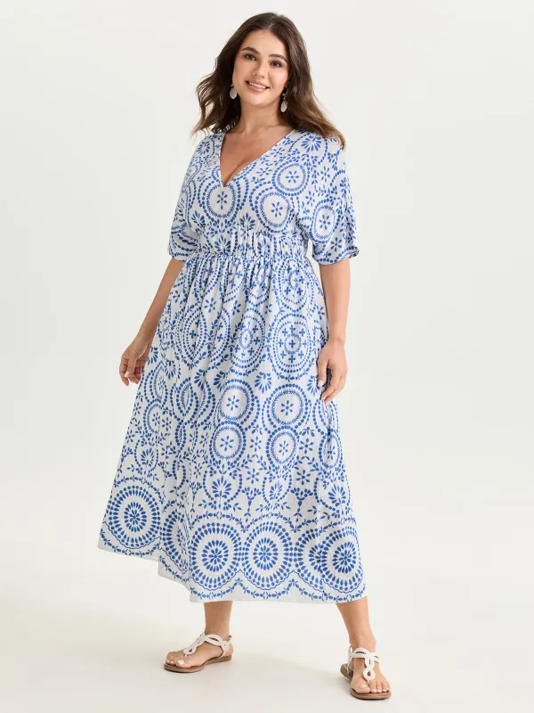 Geometric Print Deep V-Neckline Maxi Dress made by Bloomchic