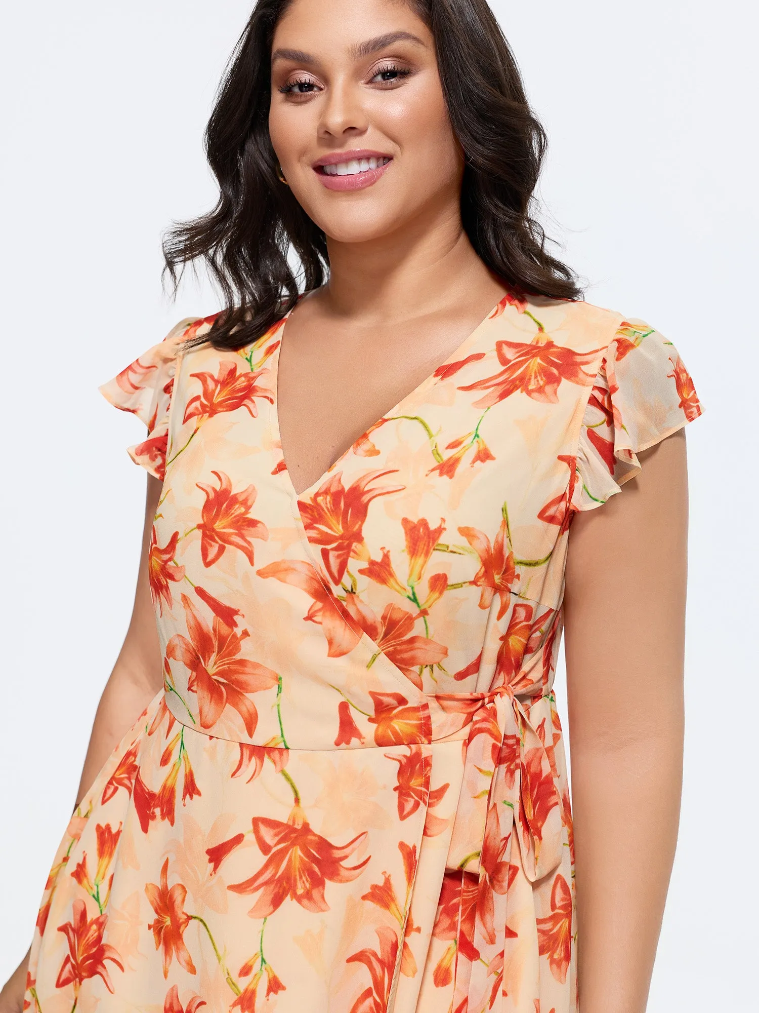 Floral Print Wrap-Tie Front High Low Hem Midi Dress sold by Bloomchic product image thumbnail 2