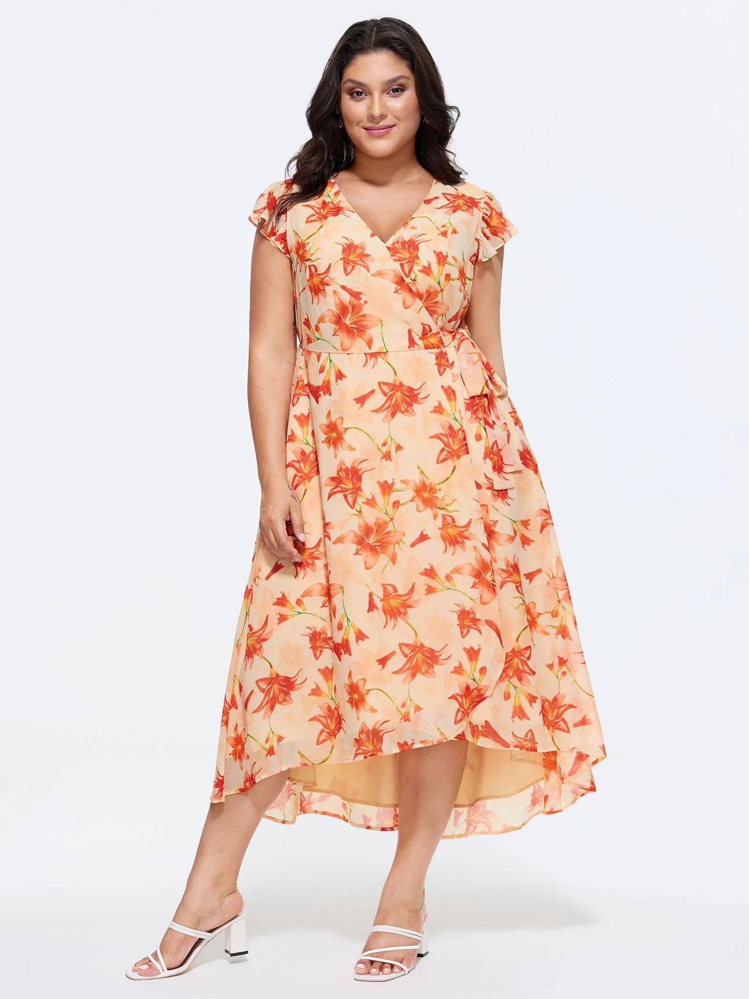 Floral Print Wrap-Tie Front High Low Hem Midi Dress sold by Bloomchic