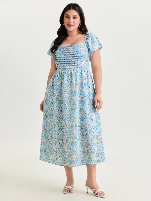 Floral Print Square Neckline Pleated Midi Dress made by Bloomchic