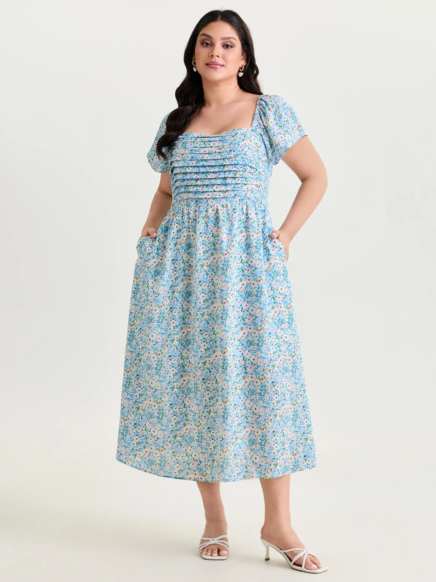 Floral Print Square Neckline Pleated Midi Dress sold by Bloomchic product image thumbnail 3