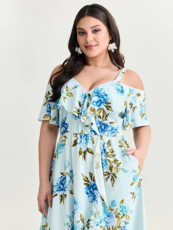 Floral Print Ruffled Cold-Shoulder Midi Dress made by Bloomchic
