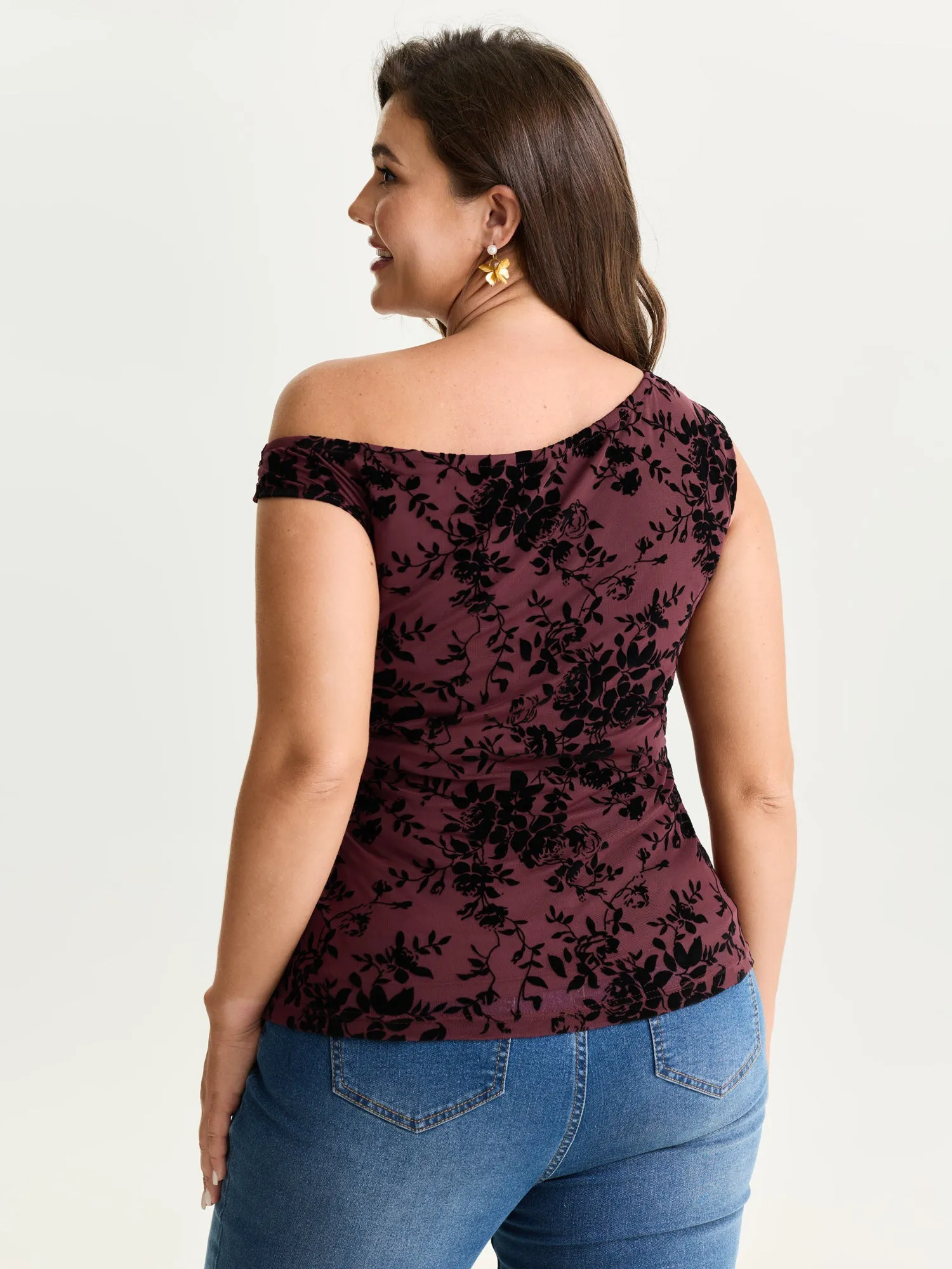 Stretchy Floral Mesh Print Drop Shoulder Knit Top sold by Bloomchic product image thumbnail 5