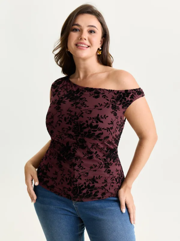 Stretchy Floral Mesh Print Drop Shoulder Knit Top made by Bloomchic