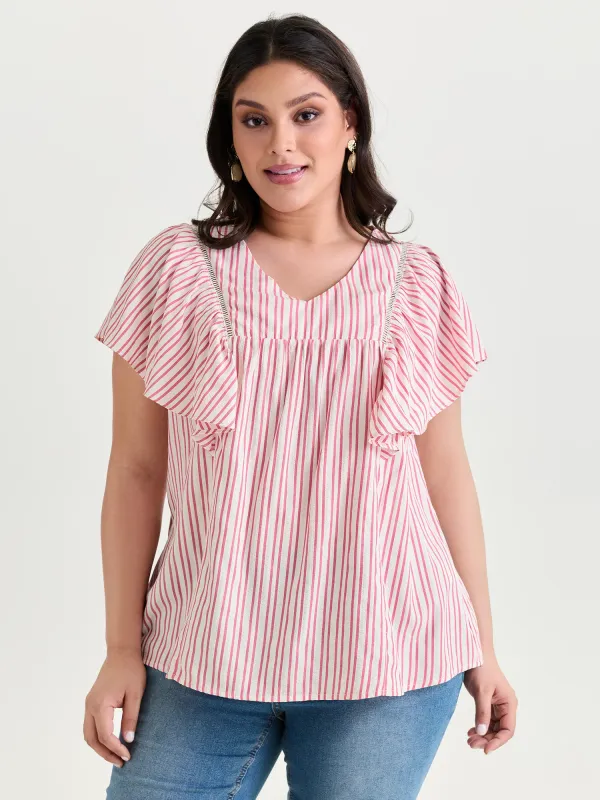 Striped Ribbed Ruffled Edge Blouse made by Bloomchic