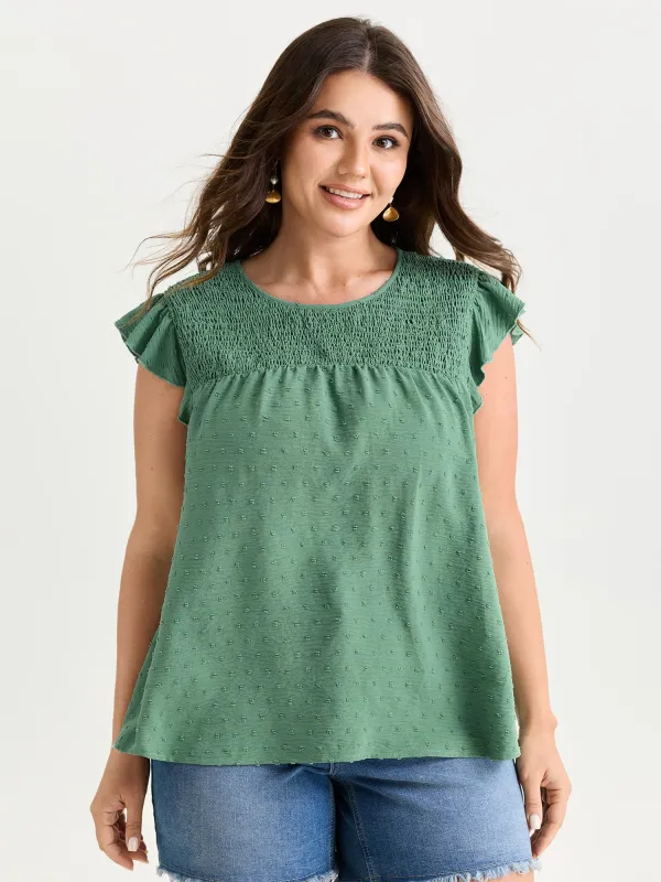Shirred Round Neckline Flutter Sleeve Blouse made by Bloomchic