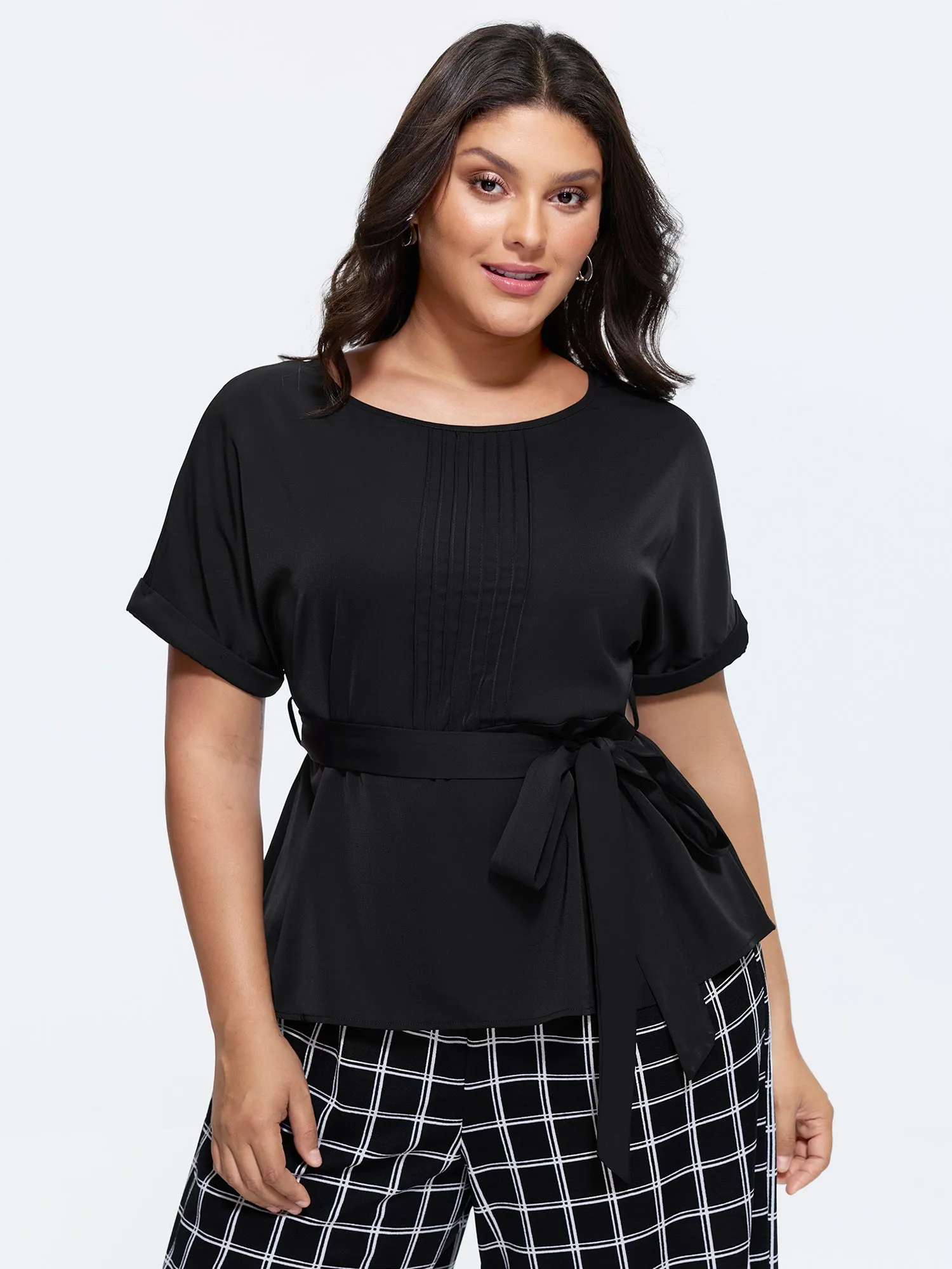 Toothpick Pleated Waist-Tie Plain Blouse sold by Bloomchic