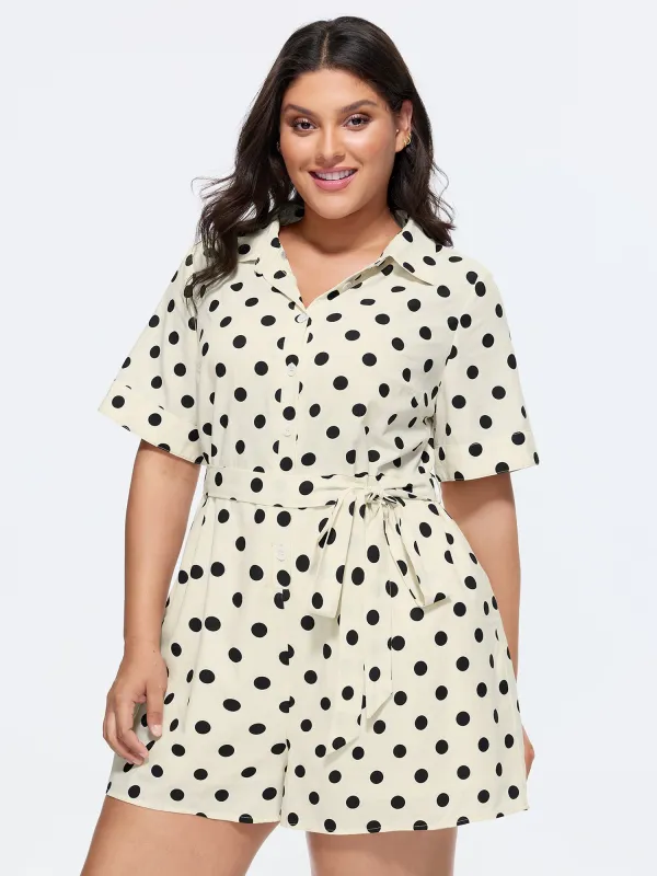 Cotton Linen Polka Dots Side Tie Collared Romper made by Bloomchic