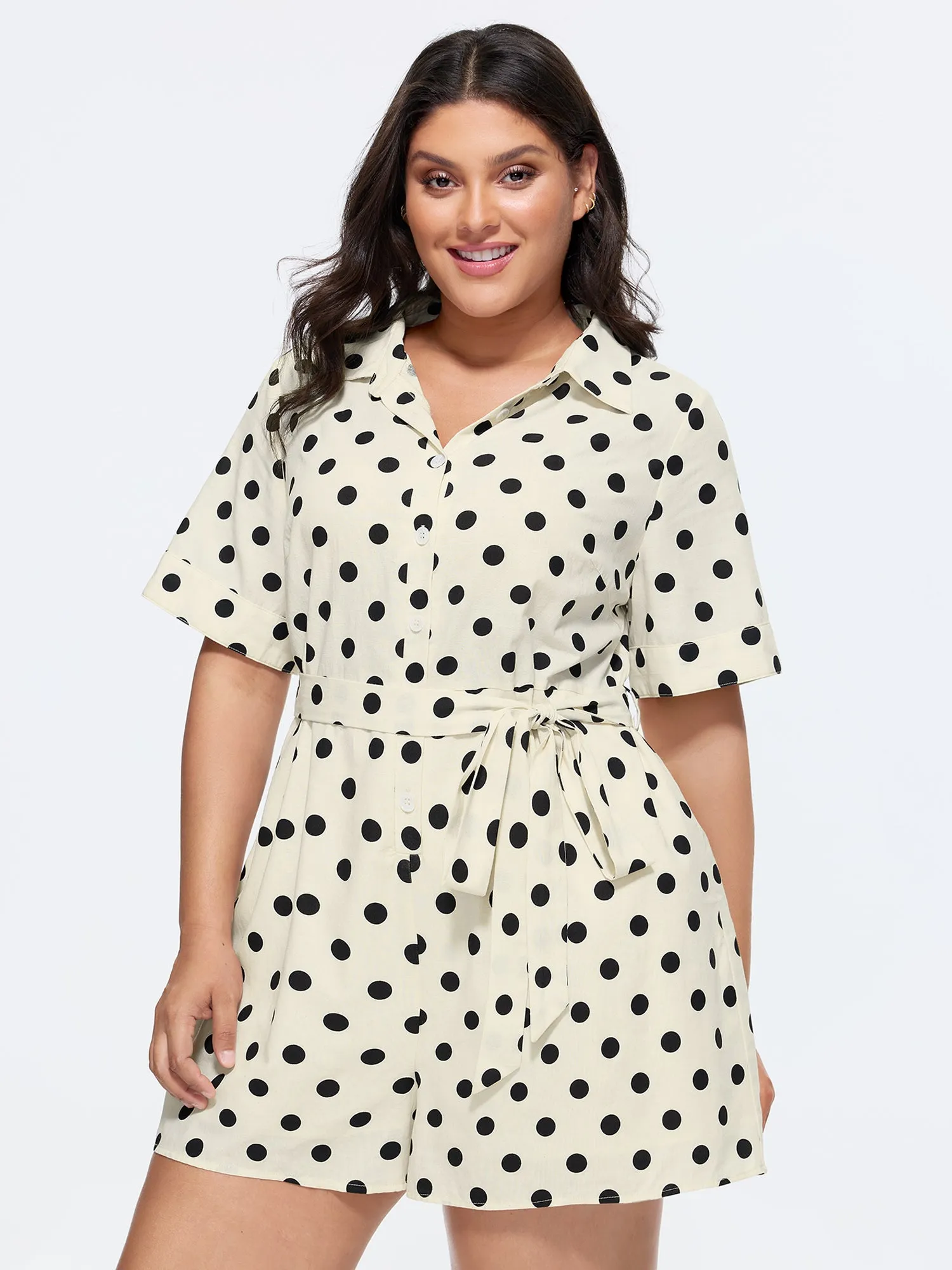 Cotton Linen Polka Dots Side Tie Collared Romper sold by Bloomchic