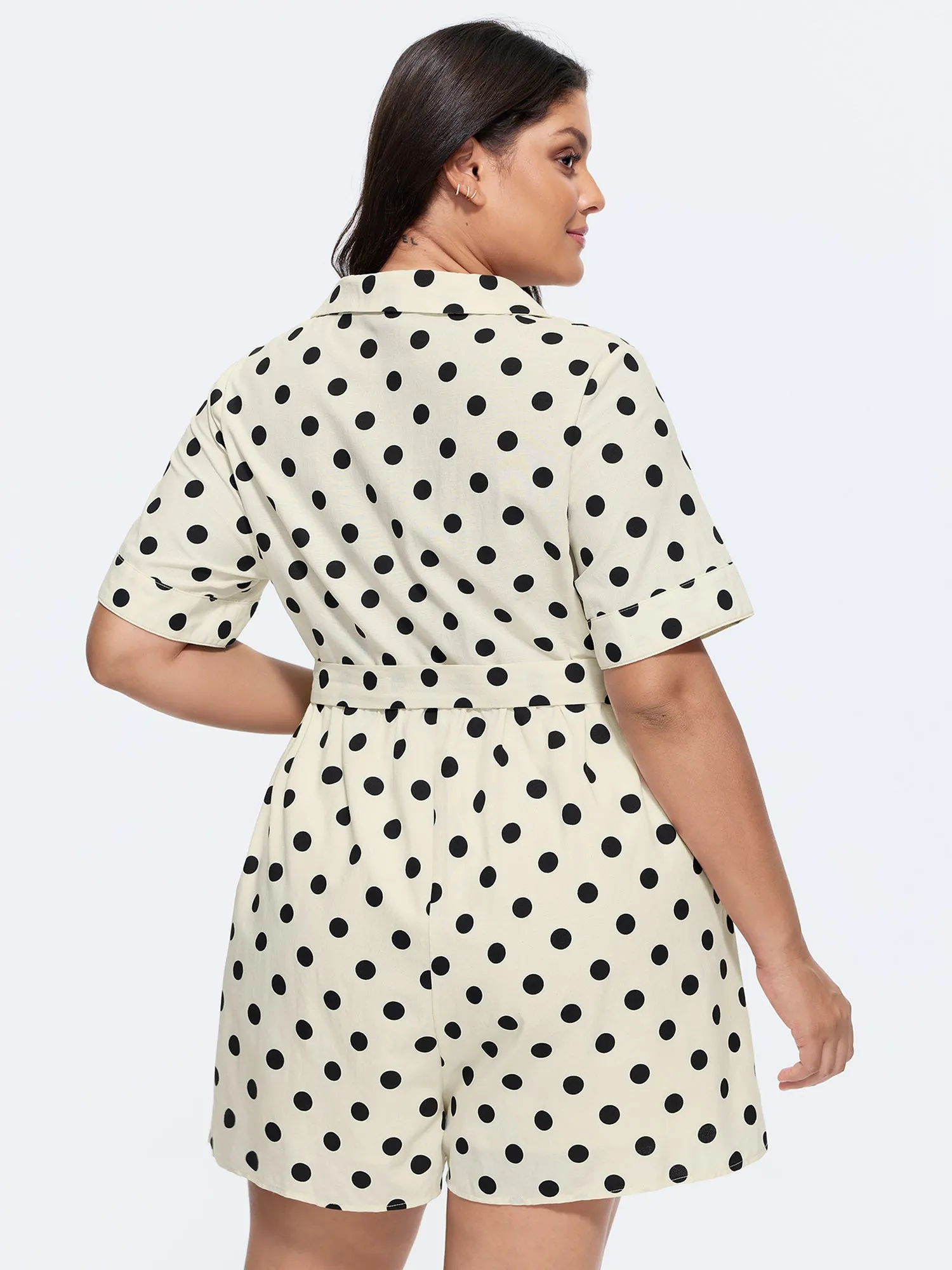 Cotton Linen Polka Dots Side Tie Collared Romper sold by Bloomchic product image thumbnail 4