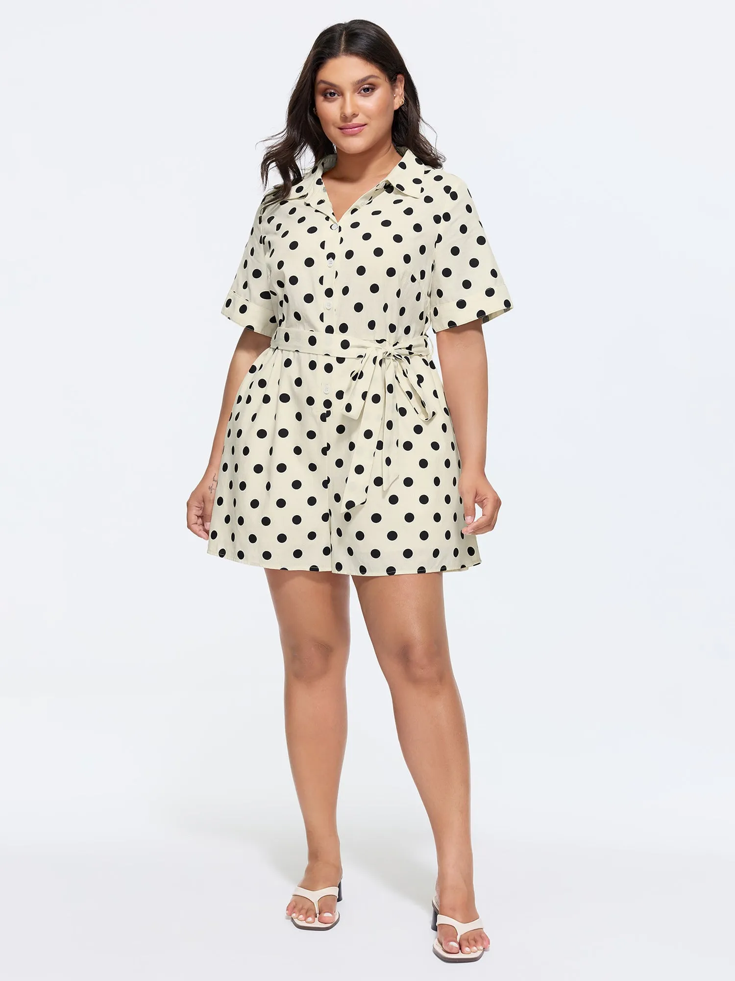 Cotton Linen Polka Dots Side Tie Collared Romper sold by Bloomchic product image thumbnail 3