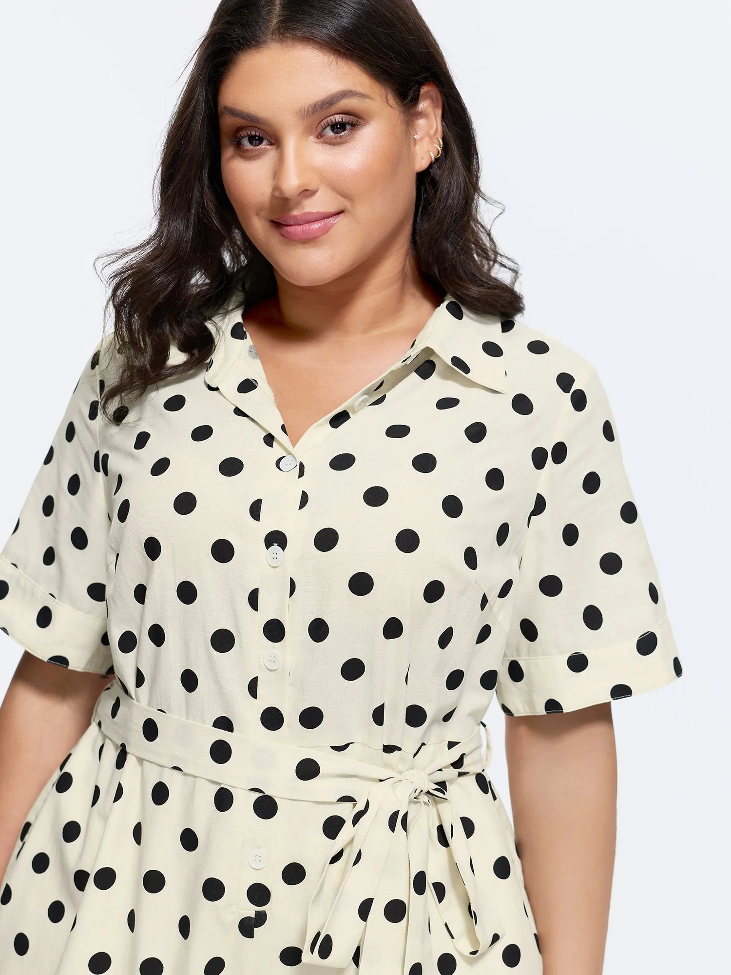 Cotton Linen Polka Dots Side Tie Collared Romper sold by Bloomchic product image thumbnail 2