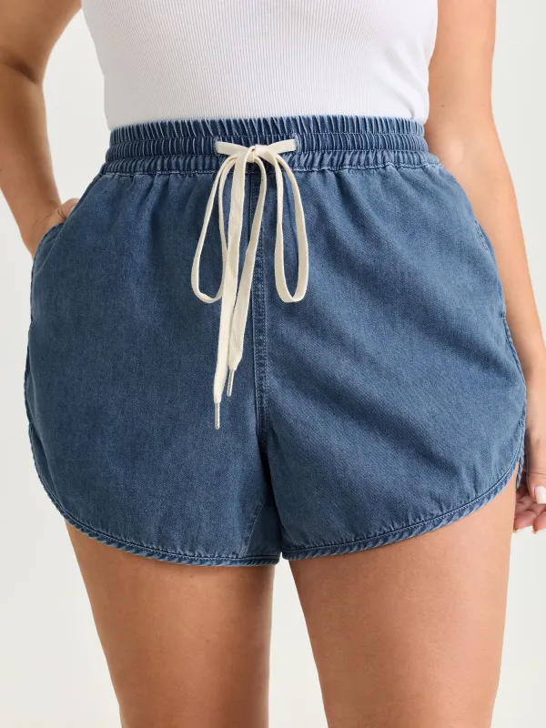 Elastic Waist Drawstring Straight-Fit Denim Shorts made by Bloomchic