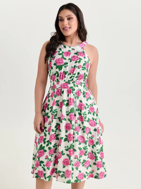 Floral Print Halter Neckline Fit And Flare Midi Dress made by Bloomchic