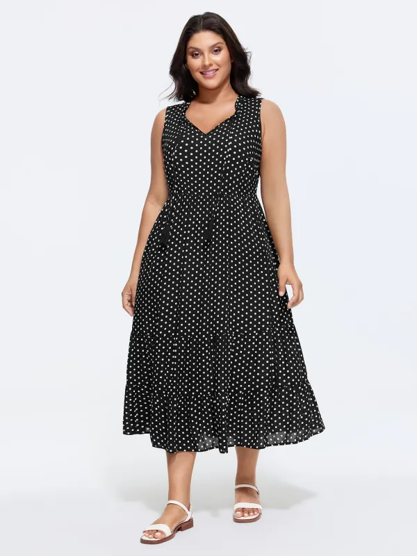 Polka Dots Notched Drawstring Collar Midi Dress made by Bloomchic