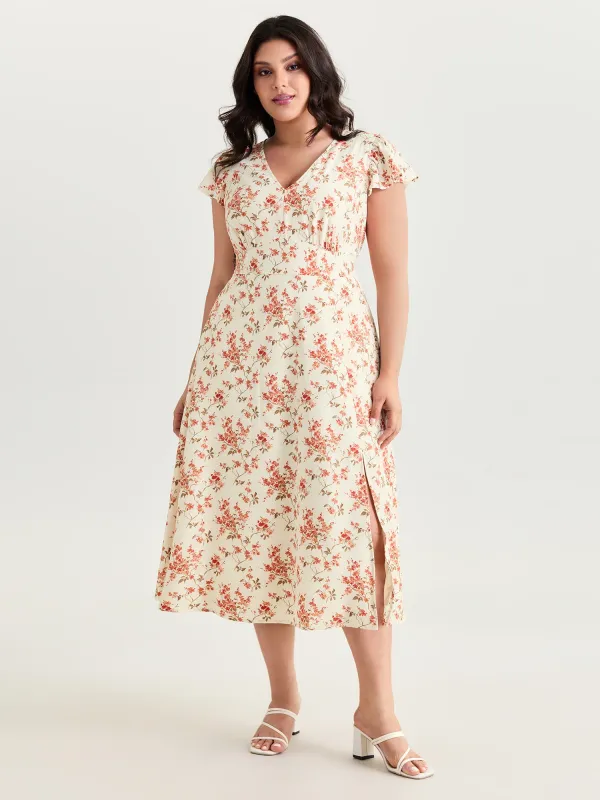 Floral Print Shirred Ruffled Sleeve Midi Dress made by Bloomchic