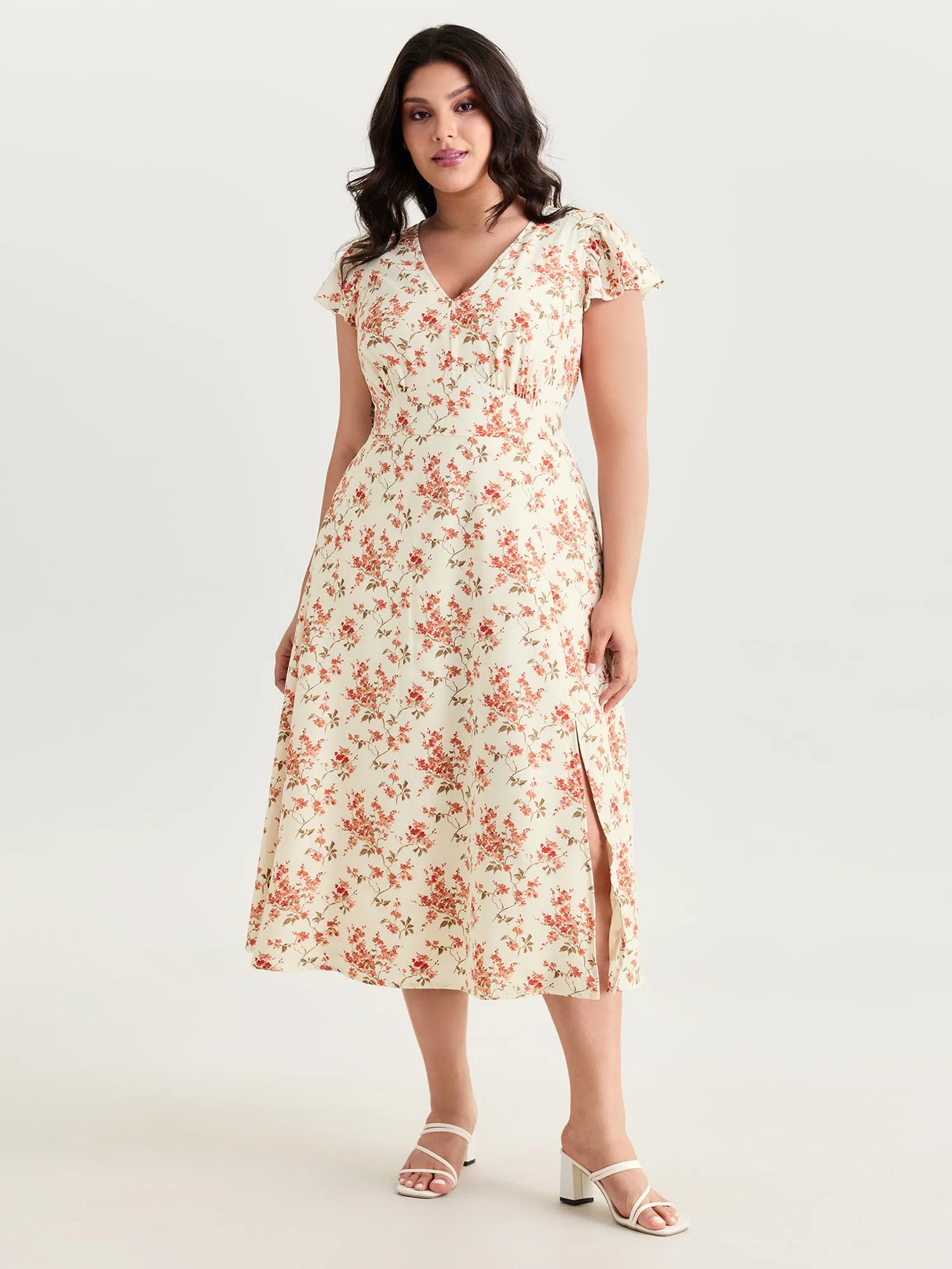 Floral Print Shirred Ruffled Sleeve Midi Dress sold by Bloomchic