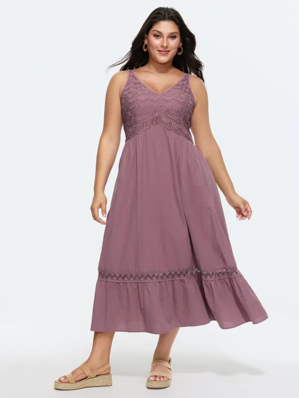 Cotton Textured Bodice Lace Trim Flowy Maxi Dress made by Bloomchic
