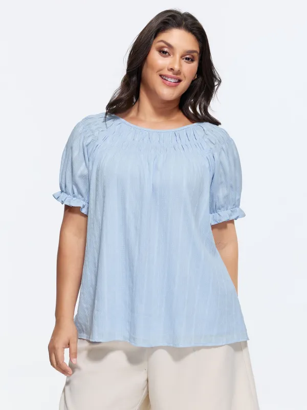 Cotton Pleated Neckline Stretchy Cuff Sleeve Blouse made by Bloomchic