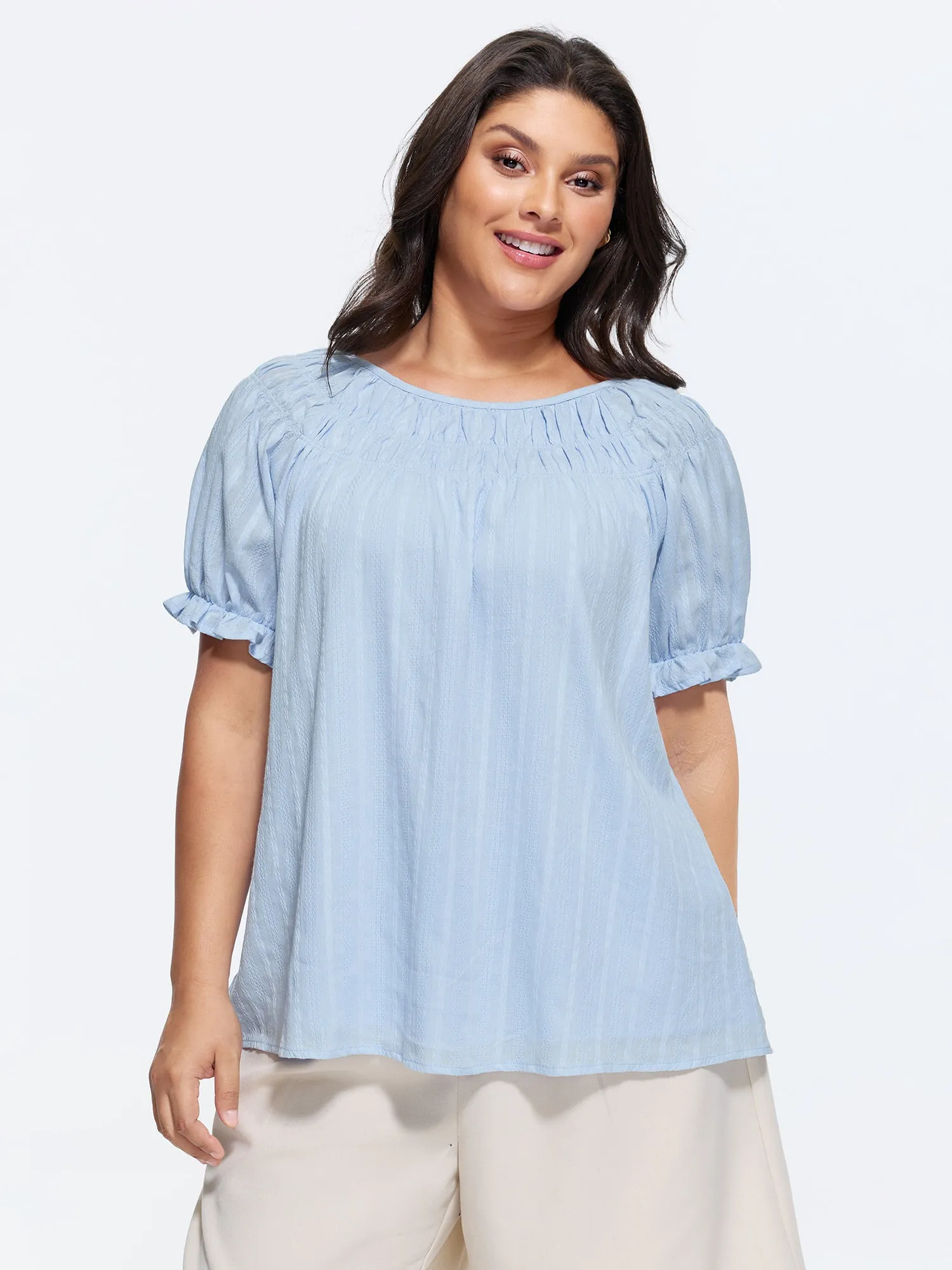 Cotton Pleated Neckline Stretchy Cuff Sleeve Blouse sold by Bloomchic
