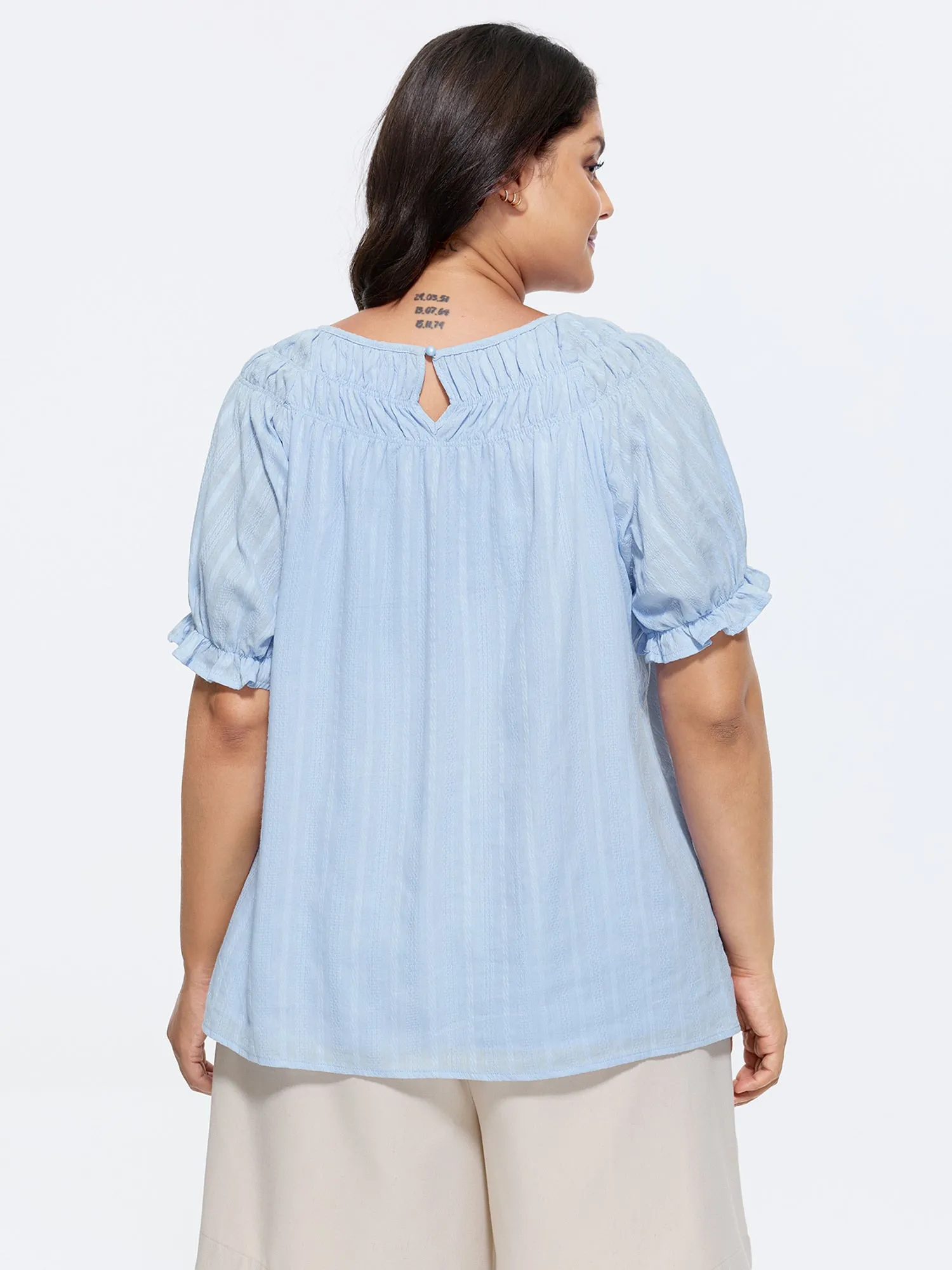 Cotton Pleated Neckline Stretchy Cuff Sleeve Blouse sold by Bloomchic product image thumbnail 4